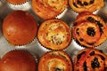 Freshly baked buns with coconut, raisins and sesame seeds, ÃâÃÂ¾p view. Royalty Free Stock Photo